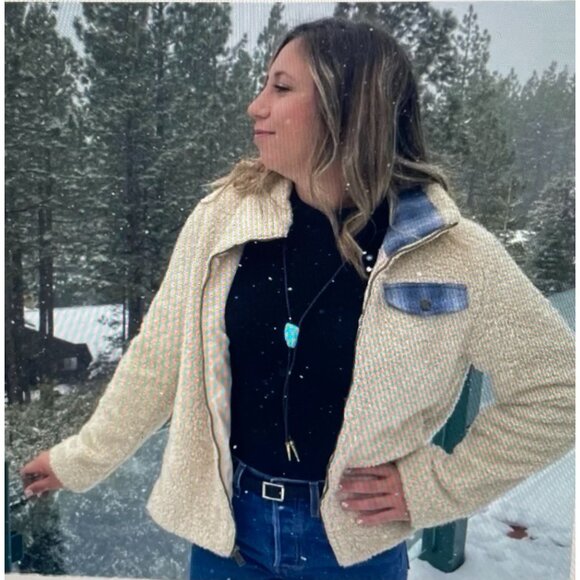 Pendleton Beige Sherpa Fleece Jacket L/G Full Zip Plaid Lining Womens Outerwear - Picture 14 of 16